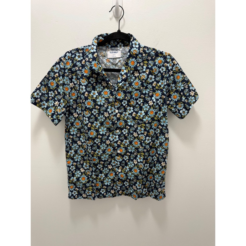 Old Navy Kids XL 14-16 Blue Daisy Floral Cotton Linen Short Sleeve Button Down